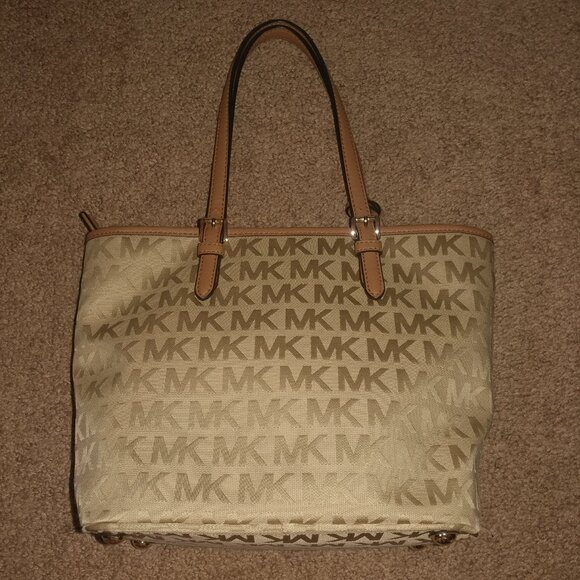 Michael Kors Tan MK Logo Canvas Shoulder Bag W/Brown Leather Trim - Medium Sized - Picture 5 of 15
